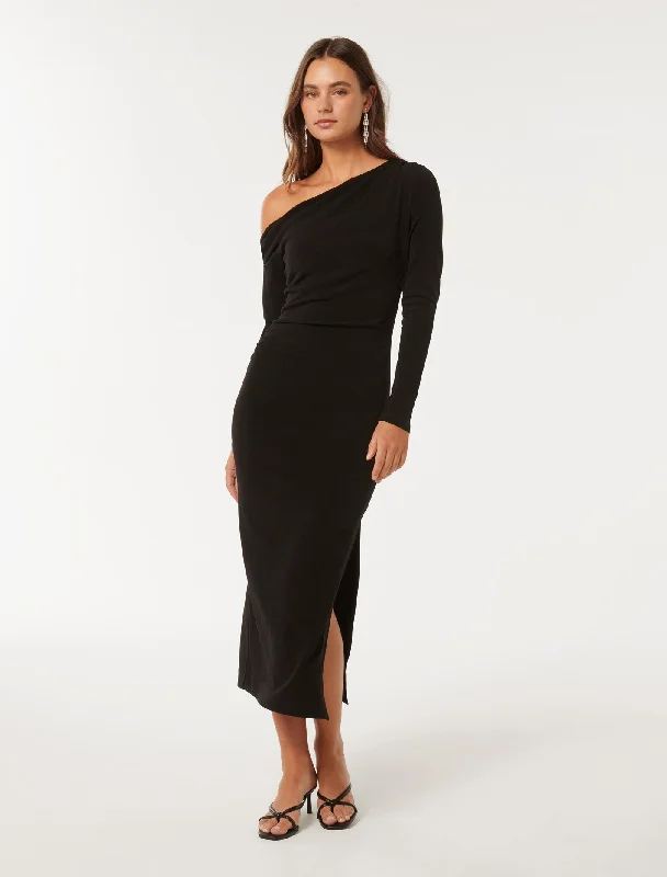 Alexandra Tipped Shoulder Long Sleeve Midi Dress