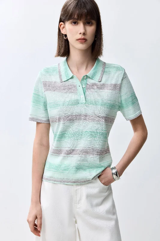 LILY Polo Collar Striped Versatile Short-Sleeve Knit Top